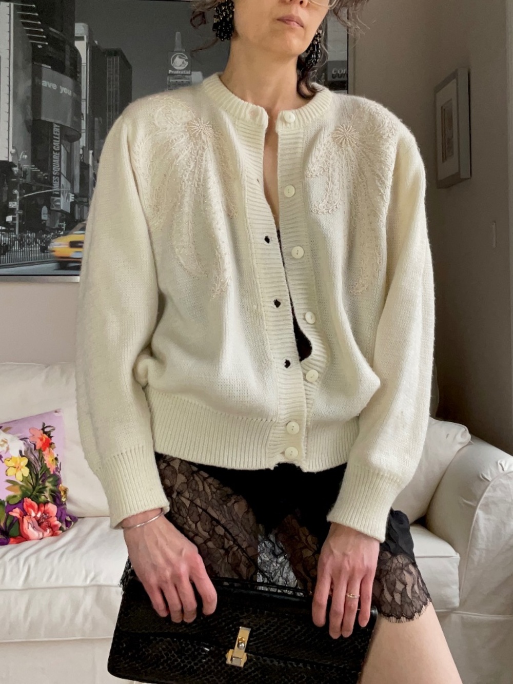 Pearl bead embroidered button down cream knit cardigan